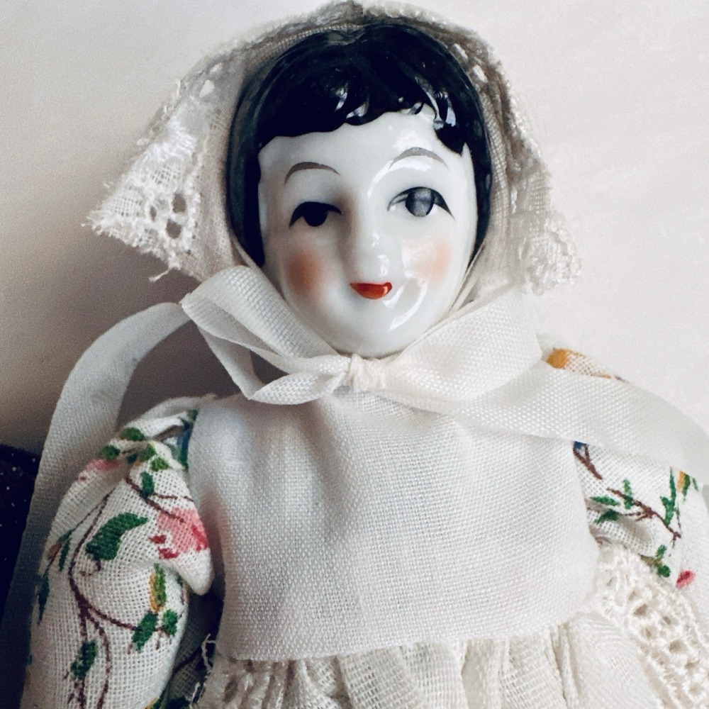 2 Vtg Porcelain Country Doll blue dot / Floral dress dollhouse 8.5" **read - Picture 4 of 10